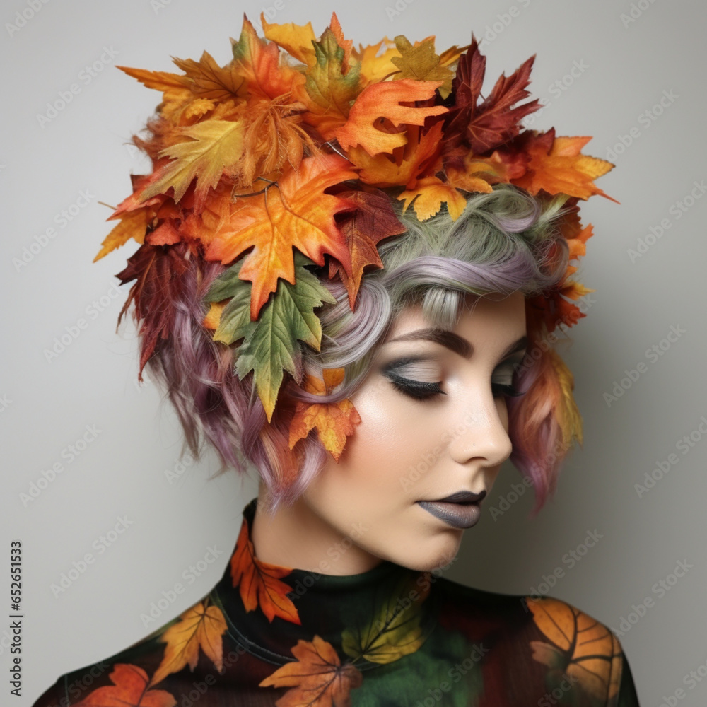 great woman autumn coloful hairstyling short to medium hair with leaves ,studio shot