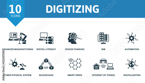 Digitizing set. Creative icons: advanced manufacturing, digital literacy, design thinking, bim, automation, cyber physical system, blockchain, smart grids, internet of things, digitalization.