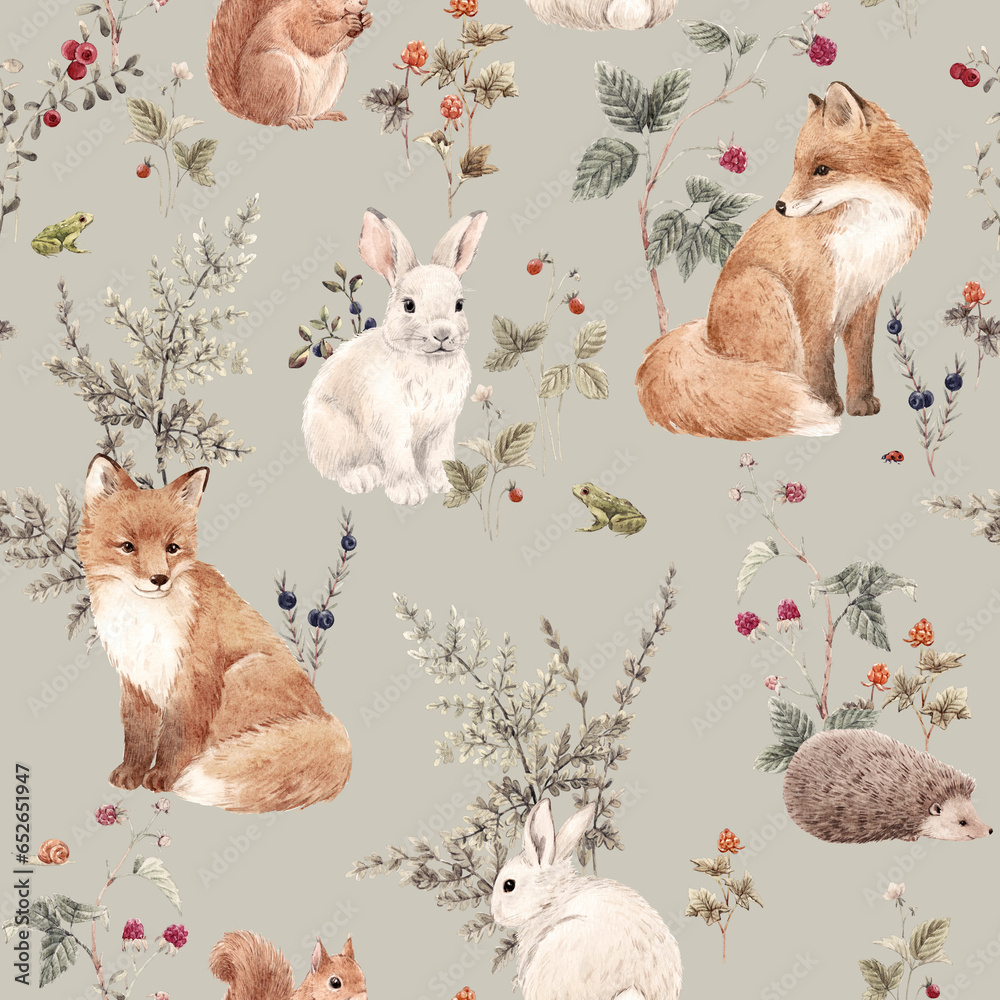 Beautiful seamless pattern with hand drawn watercolor forest fox hare ...