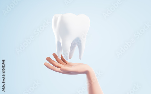 A tooth in a hand, 3d rendering.