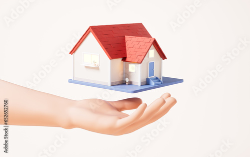 A cartoon house in a hand  3d rendering.