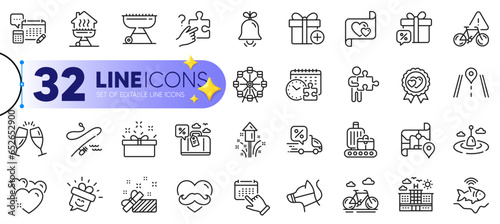 Outline set of Dog leash, Event click and Father day line icons for web with Fishing rod, Present, Home grill thin icon. Champagne glasses, Account, Search puzzle pictogram icon. Vector