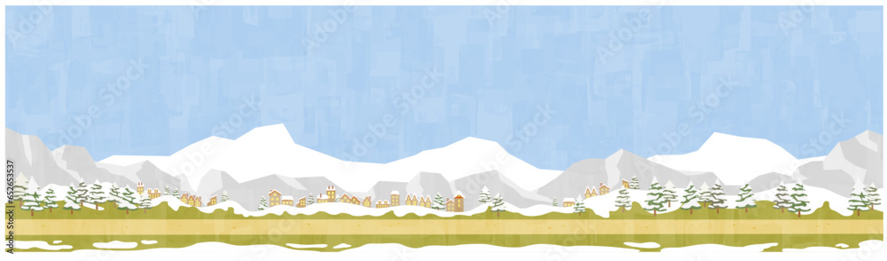 雪が積もる街並みと冬山　背景素材　横位置