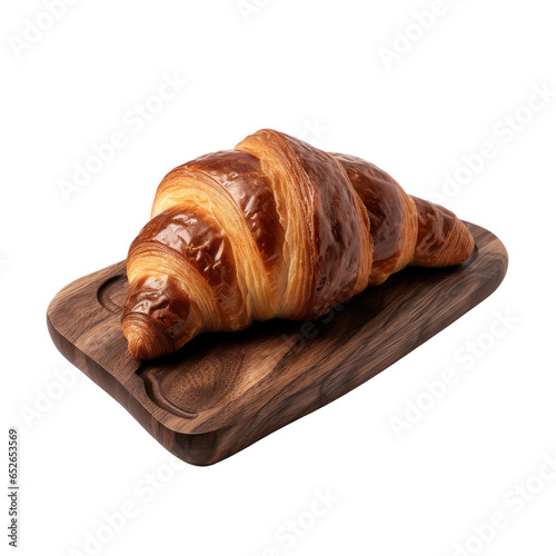 Chocolate croissant on wooden plate isolated on transparent background,Transparency 