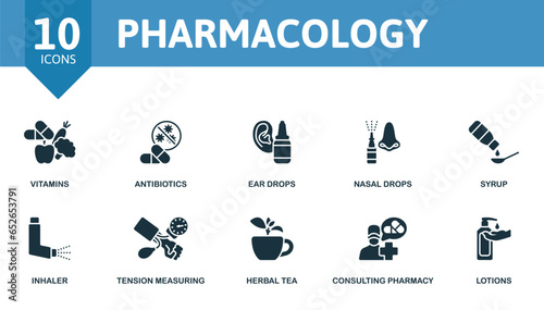 Pharmacology set. Creative icons: vitamins, antibiotics, ear drops, nasal drops, syrup, inhaler, tension measuring, herbal tea, consulting pharmacy, lotions.