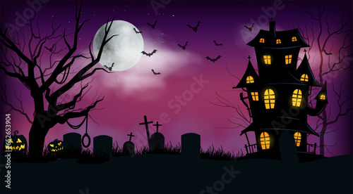 Happy halloween banner or party invitation background with spooky violet sky trees and dark castle