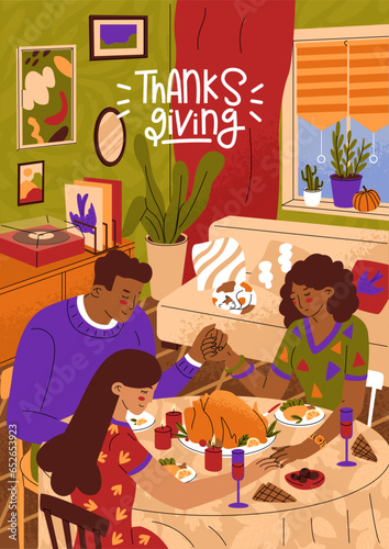The concept of celebrating Thanksgiving with family. Scene with people sitting at a table holding hands. Homely hearth, cozy interior. Vector illustration in flat style. © Larisa Vladimirova