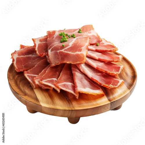 iberico ham on wooden plate isolated on transprent background,Transparency 