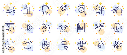 Outline set of Microphone, Head and Fireworks stars line icons for web app. Include Bid offer, Notification bell, Spanner pictogram icons. Cv documents, Opened gift, Love signs. Vector