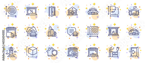 Outline set of Sports stadium, Lighthouse and Open door line icons for web app. Include Skyscraper buildings, Lounge place, Arena stadium pictogram icons. Square area, Delivery truck. Vector