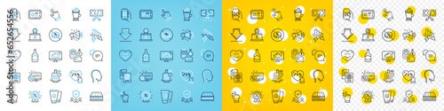 Vector icons set of Touchscreen gesture, Sunscreen and Genders line icons pack for web with Passport document, Security agency, Latte coffee outline icon. Downloading, Baggage scales. Vector
