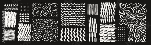 Vector wavy brush stroke set. Doodle scribble hand drawn pattern. Abstract art hipster background. Sea water wave lines decoration. White freehand zig zag brushstrokes isolated on black background