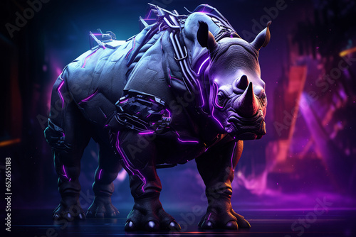 cyberpunk rhino with blue lighting background © Rendi