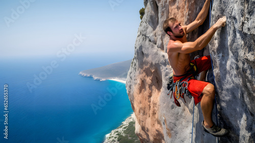 Professional male climber on overhanging rock against beautiful view of coast below