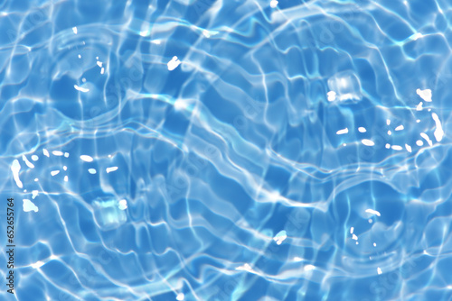 Fototapeta Naklejka Na Ścianę i Meble -   Defocus blurred transparent blue colored clear calm water surface texture with splashes reflection. Trendy abstract nature background. Water waves in sunlight with copy space. Blue watercolor shine.