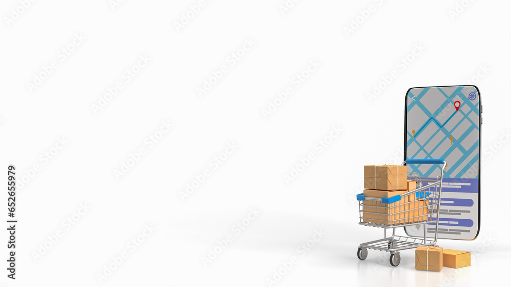 The trolley and mobile app for e commerces concept 3d rendering The trolley and mobile app for e commerces concept 3d rendering