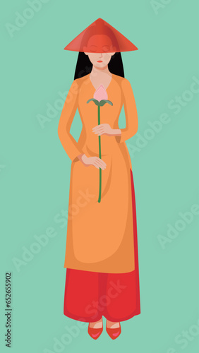 A full-length picture of a long-haired Asian girl in a long dress holding a lotus flower
