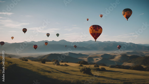 Colorful Hot Air Balloons Soaring through the Sky over Mountains