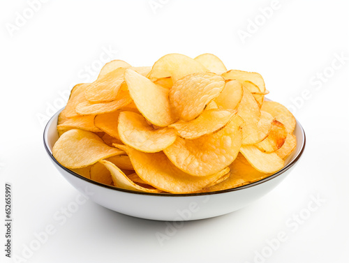 Potato chips in bowl isolated on white background with clipping path.