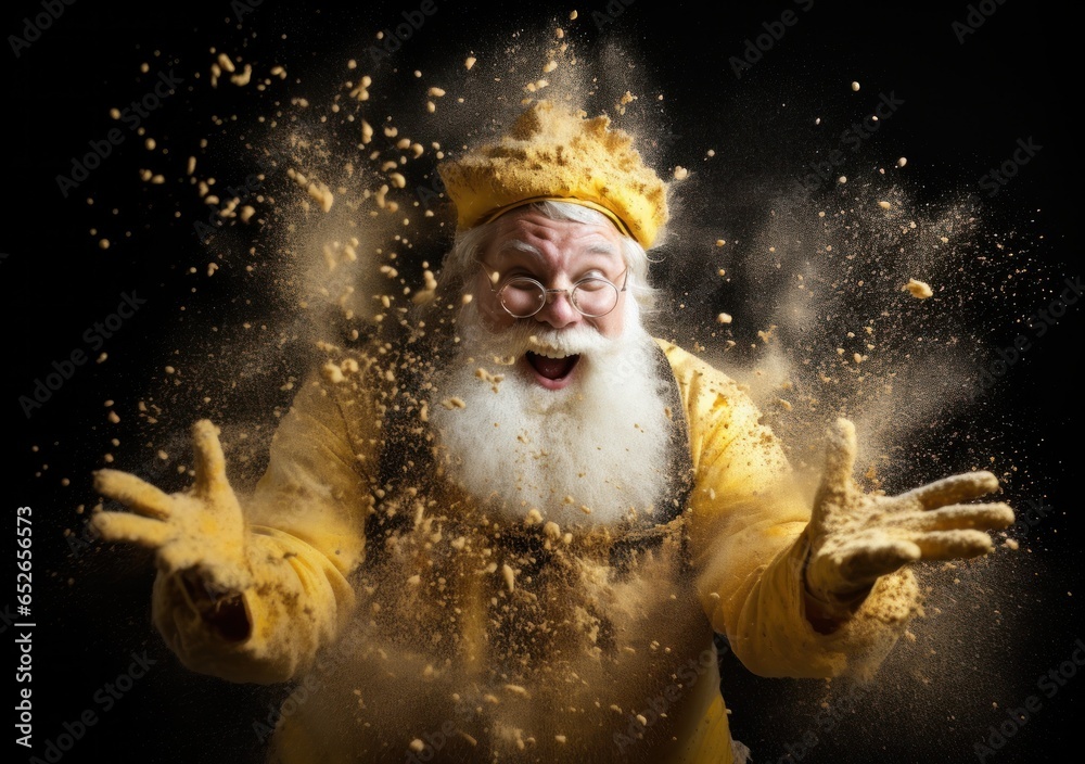 On a cold winter's day, a jolly man in a bright yellow suit stands in the snow, smiling widely and holding a sack full of cheer to celebrate the new year and bring joy to all during the holiday seaso On a cold winter's day, a jolly man in a bright yellow suit stands in the snow, smiling widely and holding a sack full of cheer to celebrate the new year and bring joy to all during the holiday seaso