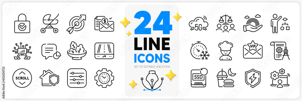 Icons set of Baby carriage, Filter and Recovery ssd line icons pack for app with Password encryption, Freezing timer, Lgbt thin outline icon. Divider document, Time management. Vector