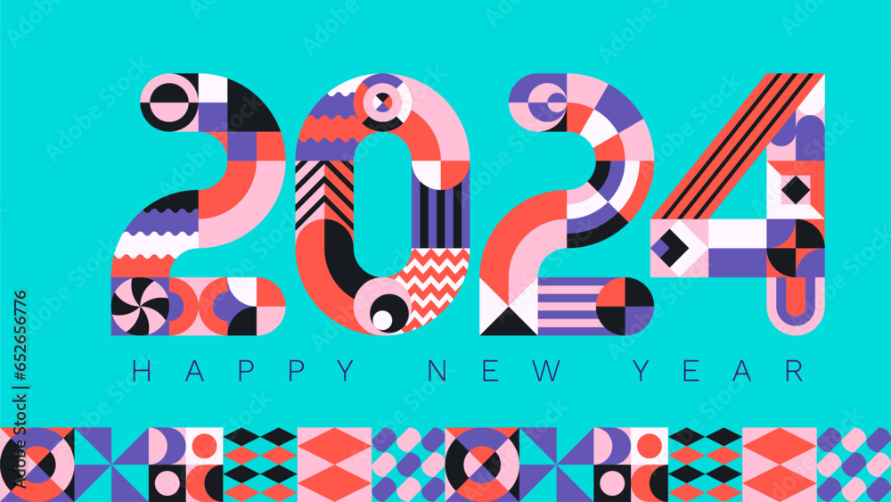 2024 modern geometric lettering New Year card. Memphis style typeface.
