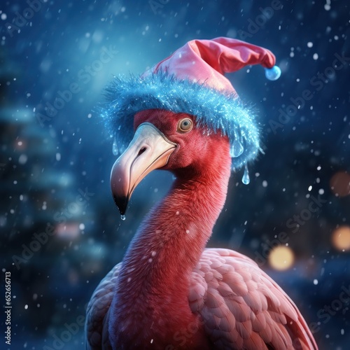 On a chilly winter day, a whimsical red-feathered bird wearing a festive holiday hat stands proudly in a snow-covered outdoor scene, symbolizing the joy of the christmas and new year season