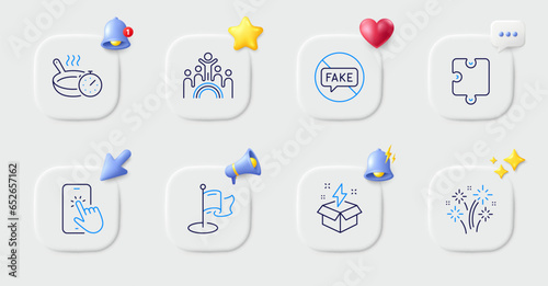 Fake news, Phone touch and Puzzle line icons. Buttons with 3d bell, chat speech, cursor. Pack of Inclusion, Creative idea, Milestone icon. Fireworks, Frying pan pictogram. Vector