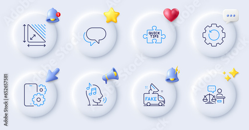 Fake news, Triangle area and Recovery gear line icons. Buttons with 3d bell, chat speech, cursor. Pack of Phone service, Talk bubble, Voicemail icon. Quick tips, Court judge pictogram. Vector