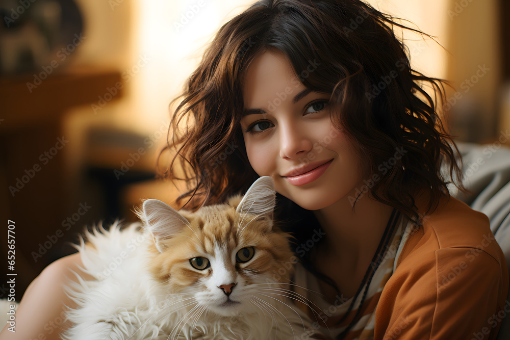 Portrait of happy young woman sitting with her cat in home, happy female in cozy green home