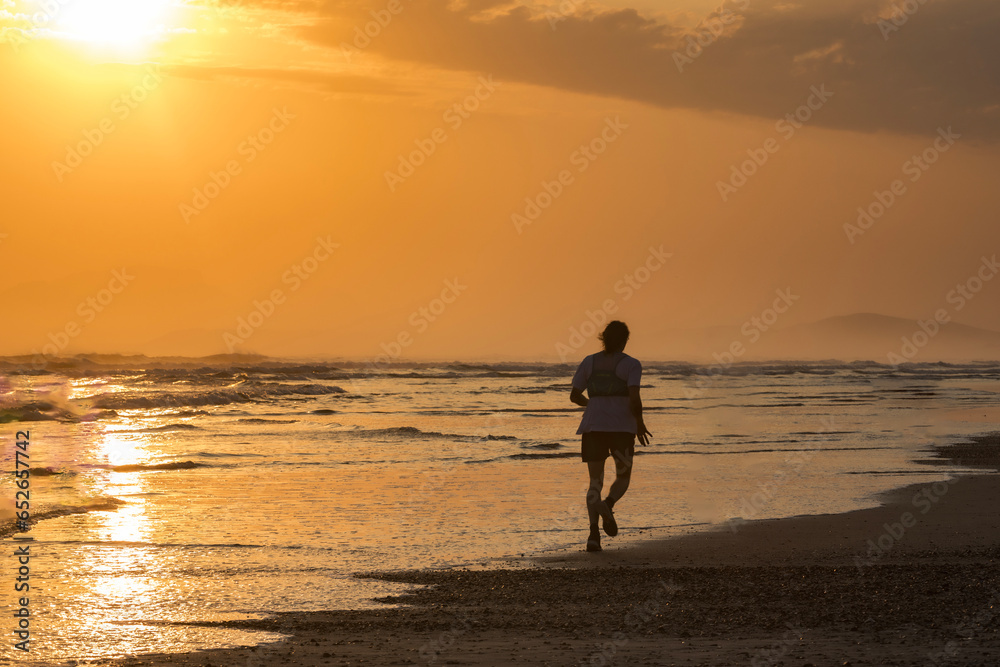 The joy of running on a golden beach at sunset