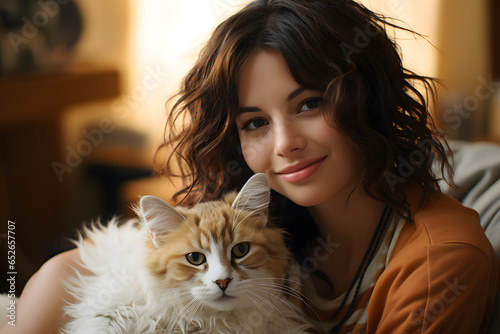 Portrait of happy young woman sitting with her cat in home  happy female in cozy green home