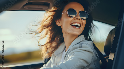 Pretty young woman wearing sunglasses traveling by car in the mountains, summer vacation and adventure