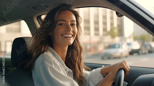Pretty smiling young woman traveling by car in the mountains, summer vacation and adventure