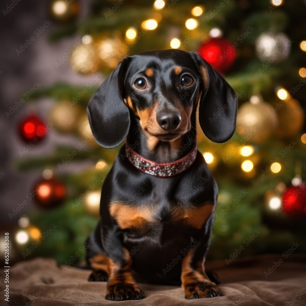 On a cold winter's night, a loyal dachshund sits beneath a twinkling christmas tree, a symbol of hope and joy for the coming new year