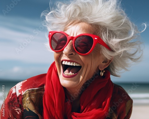 On a wintery beach, a woman with red sunglasses laughed with joy, celebrating the holidays in her cool eyewear accessory