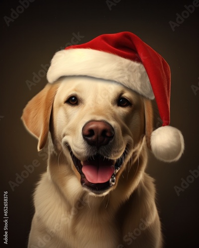 On a festive christmas day, a loyal pet dog wearing a jolly red santa hat sits inside, joyfully ushering in the new year with its loving family © mockupzord