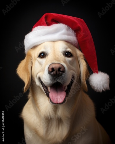 A playful retriever wearing a festive red santa hat brings joy and cheer to the holidays, reminding us of the importance of love and companionship © mockupzord