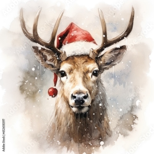 This vibrant watercolor painting captures the whimsical spirit of the holidays, depicting a majestic deer with antlers adorned with a santa hat, surrounded by a wintery snowscape and a cheerful snowm photo