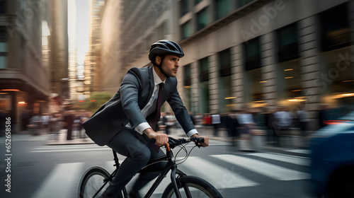 Print op canvas businessman in suit and helmet riding bicycle in city cycling to work