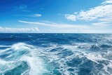 Waves of the ocean on blue sky background. Nature composition. Atlantic ocean with blue water on a sunny day. Waves, foam and wake caused by cruise ship in the sea, AI Generated