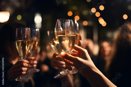 Close up of people holding glasses of champagne making a toast, festive New Year's toast with wishes of happiness