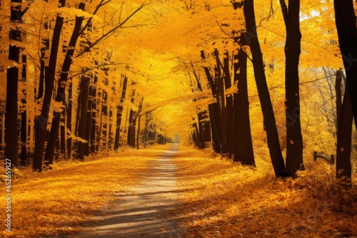 Beautiful autumn landscape with road in the forest and yellow leaves. Autumn forest scenery with road of fall leaves   warm light illumining the gold foliage  AI Generated