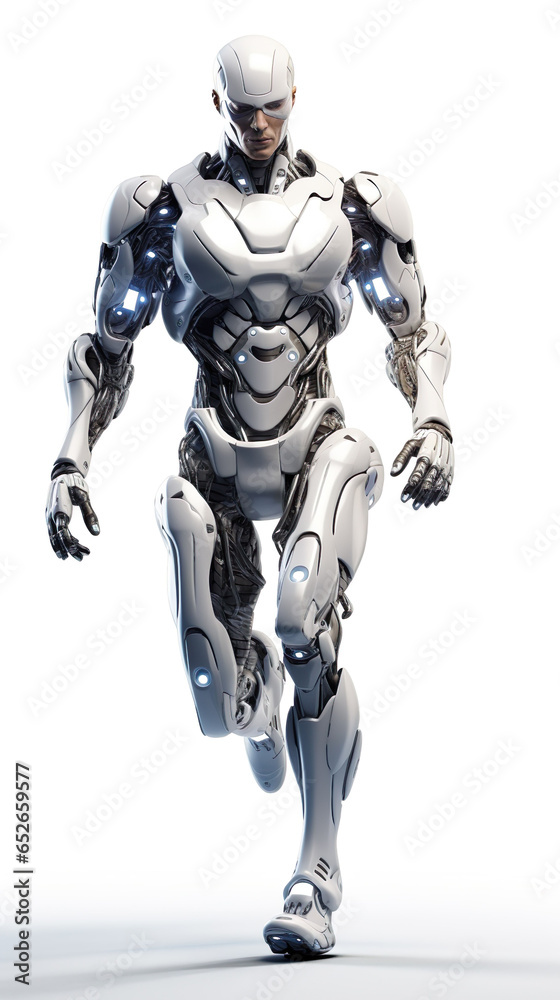Human man with robot body parts Running to carry out a mission to help light in movie style. white background unreal engine.