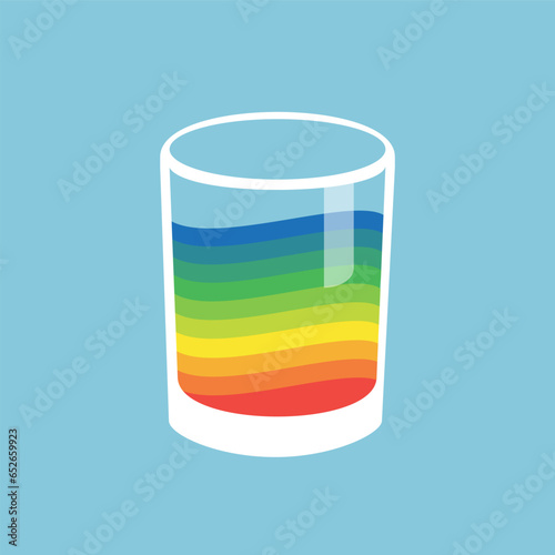 Glass of water with rainbow colors on blue background. Vector illustration.