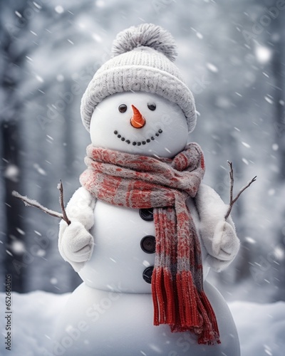 On a cold winter night, a snowman wearing a festive hat and scarf stands in the snow, inviting everyone to join in the holiday spirit of christmas and new year photo