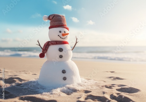 On a winter beach  a jovial snowman stands amidst the twinkling clouds and sand  celebrating the holidays and the coming of a new year