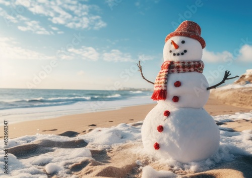 On a wintery beach under a starry sky, a snowman stands alone, a reminder of the holidays and the joy of the season