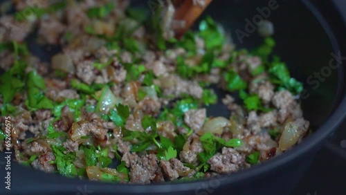 preparation of bourek stuffing with minced meat photo