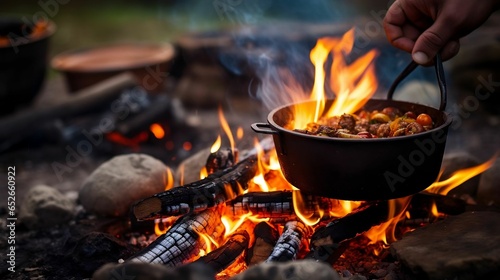someone cooks food over an open fire using a pot 